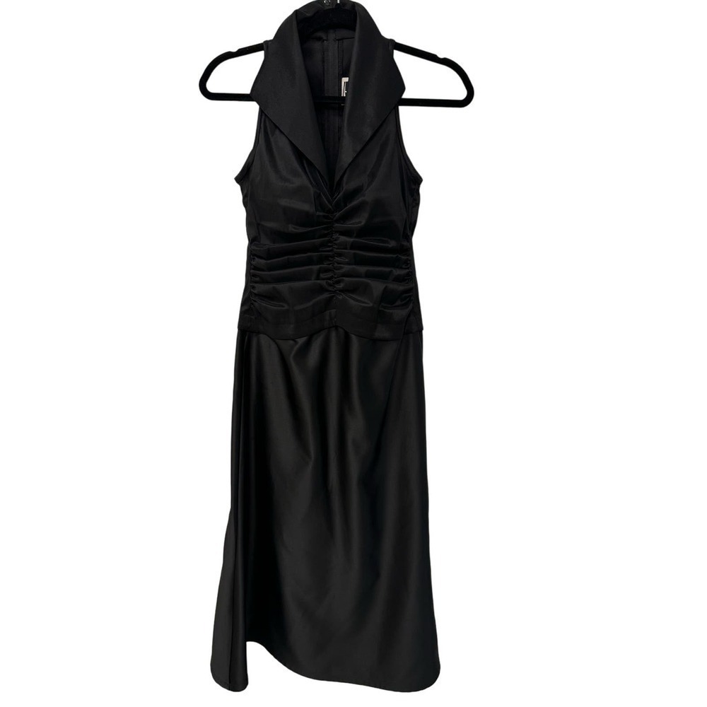 Vintage Tadashi 1990s Black Satin Ruched Tuxedo Collared Style Midi Dress Size 4